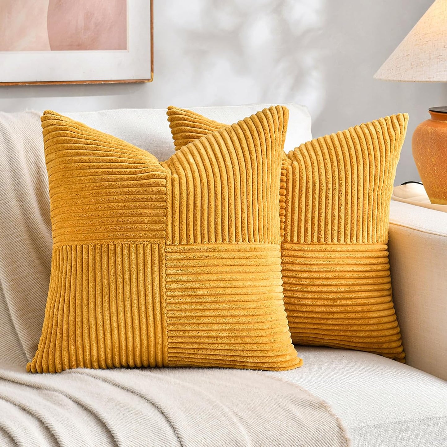 Fancy Homi 2 Packs Sunflower Yellow Spring Decorative Throw Pillow Covers 18x18 Inch for Living Room Couch Bed Sofa, Gold Yellow Home Decor, Soft Corss Corduroy Patchwork Textured Cushion Case 45x45cm