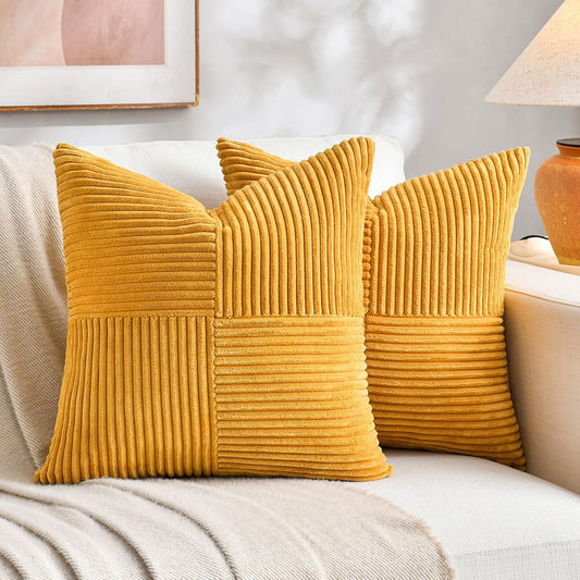 Fancy Homi 2 Packs Sunflower Yellow Spring Decorative Throw Pillow Covers 18x18 Inch for Living Room Couch Bed Sofa, Gold Yellow Home Decor, Soft Corss Corduroy Patchwork Textured Cushion Case 45x45cm