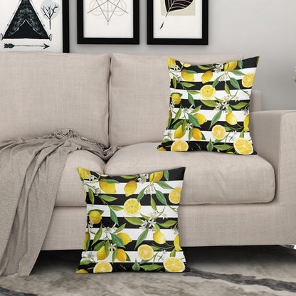 Lemon Pillow Covers 18x18 Inch Set of 2 Summer Fruit Black and White Stripes Linen Cotton Decorative Throw Pillow Case Floral and Leaves Cushion Cover for Bedroom Sofa Living Room Chair Home Decor
