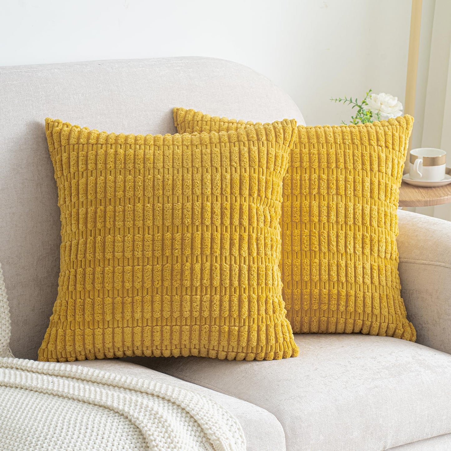 Pack of 2 Corduroy Decorative Throw Pillow Covers 18x18 Inch Soft Boho Striped Pillow Covers Modern Farmhouse Home Decor for Summer Sofa Living Room Couch Bed Mustard Yellow