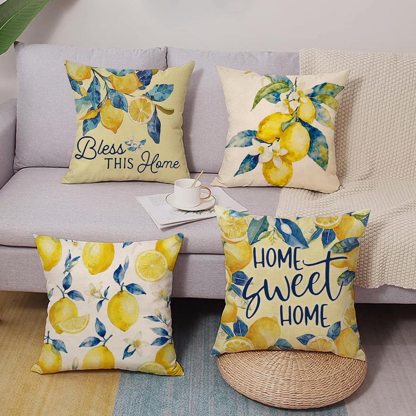 Lemon Decorative Throw Pillow Covers 18 x 18 Set of 4, Home Sweet Home Citrus Fruit Floral Botanical Family Porch Outdoor Decor, Spring Summer Bless This Home Farmhouse Sofa Couch Cushion Case
