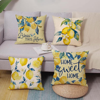 Lemon Decorative Throw Pillow Covers 18 x 18 Set of 4, Home Sweet Home Citrus Fruit Floral Botanical Family Porch Outdoor Decor, Spring Summer Bless This Home Farmhouse Sofa Couch Cushion Case
