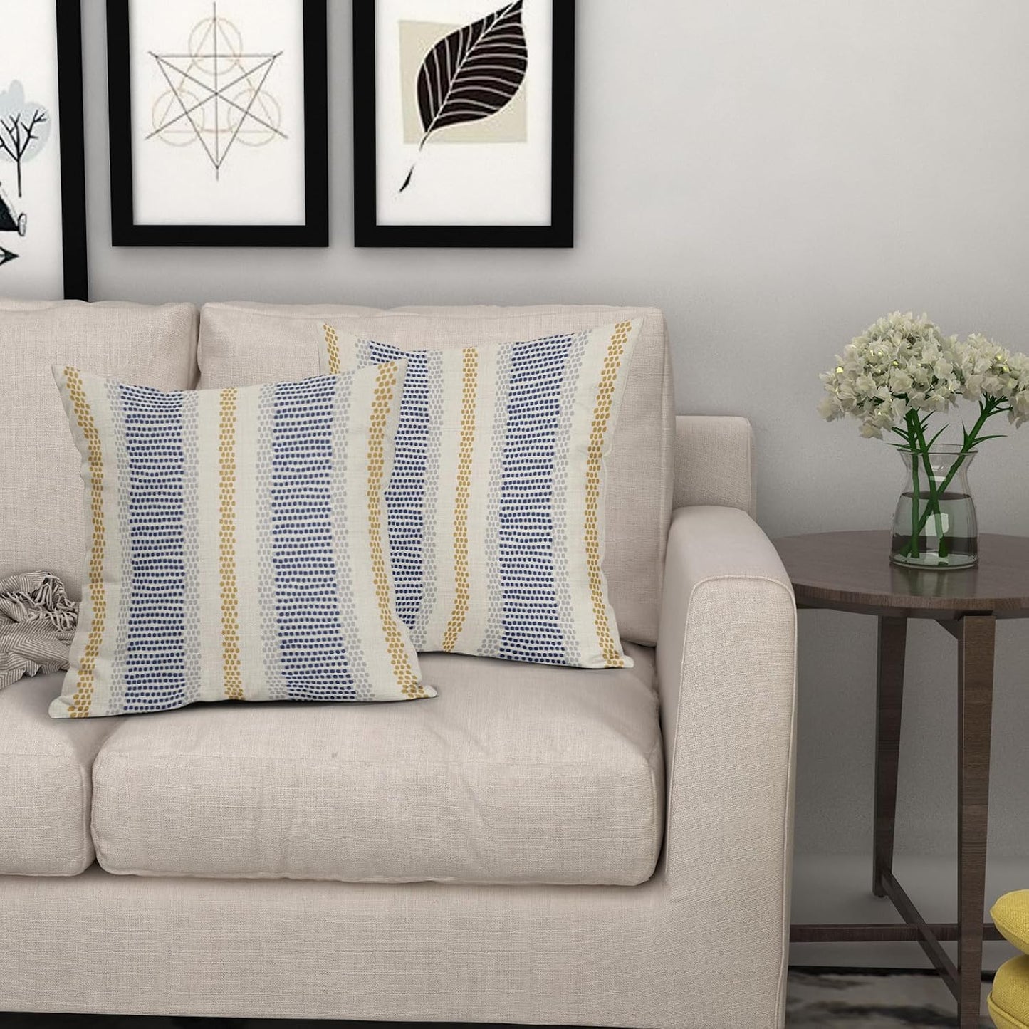 Blue Yellow Pillow Covers 18x18 Set of 2 Gray Grey Dot Print Striped Decorative Throw Pillows Outdoor Boho Rustic Pillowcase Farmhouse Linen Cushion Case Decor for Home Sofa Couch Bed