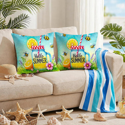 BlissYard Hello Summer Lemon Throw Pillow Covers 18x18 Set of 2 Decorative Pillow Covers Bee Lemonade Summer Cushion Covers Farmhouse Summer Pillow Covers for Couch Sofa Living Room Home Decor