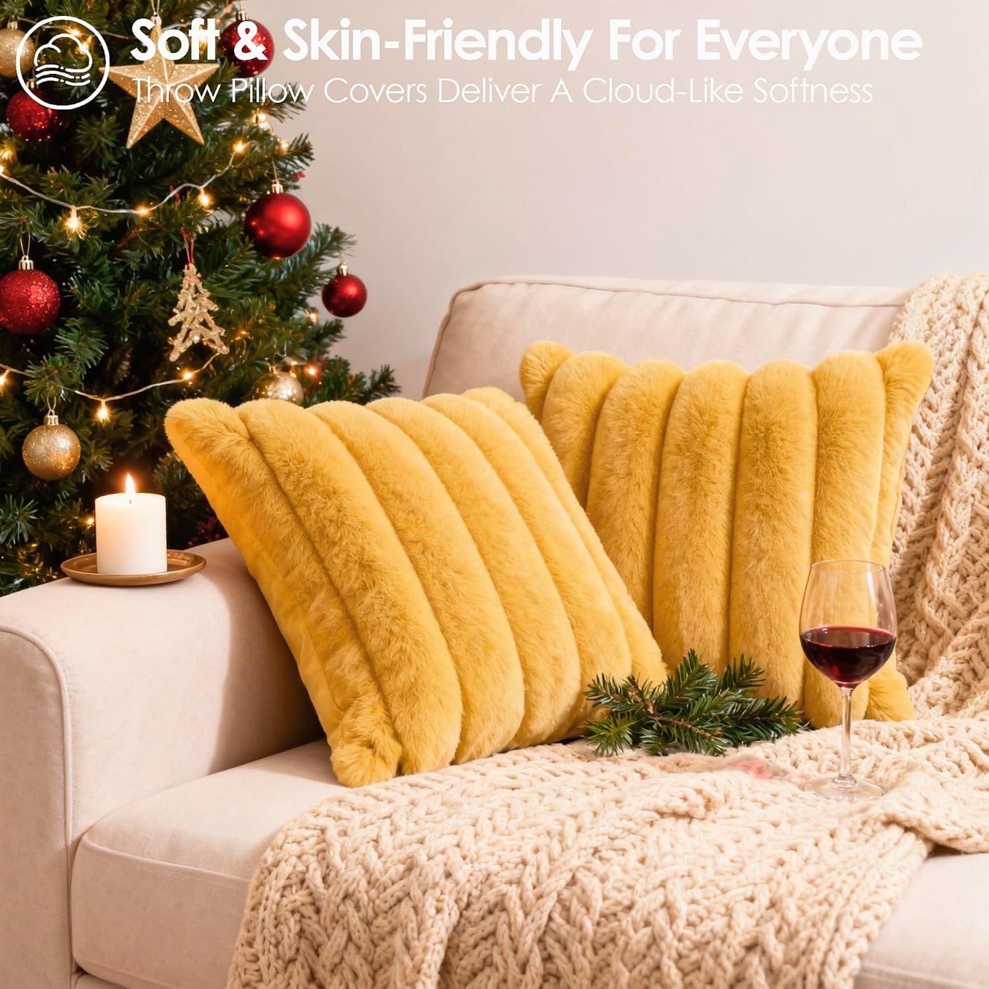 Faux Fur Throw Pillow Covers 20x20 Inch Yellow, Pack of 2 | Soft Stripe Quilted Plush Cushion Cases with Invisible Zipper for Couch Living Room Sofa Bedroom Decor & Farmhouse Aesthetic
