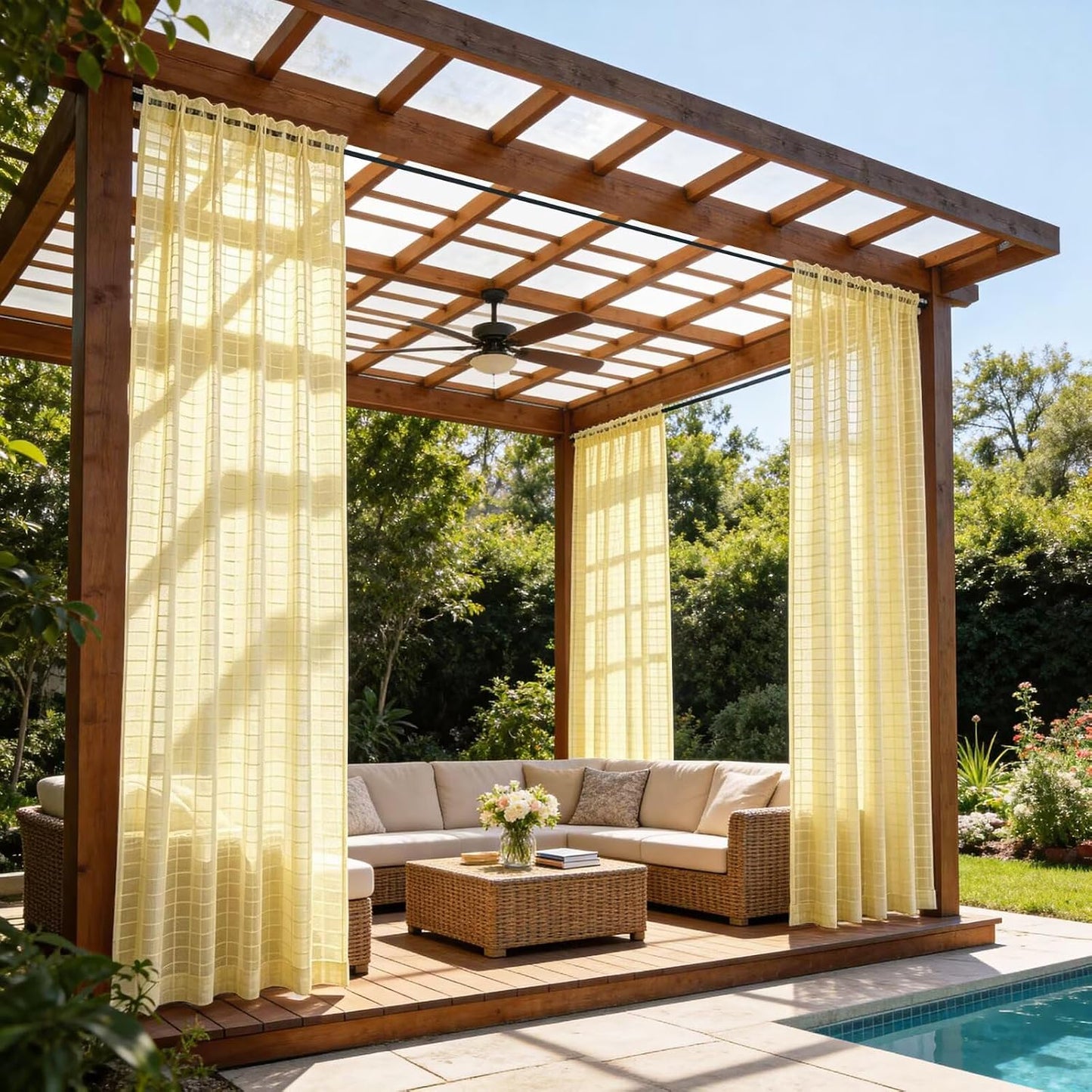 2 Panels Outdoor Sheer Curtains for Patio, Jacquard Check Curtains for Patio Waterproof, Indoor Outdoor Drapes for Gazebo Pergola Balcony Pool Spa (Yellow, 52 x 84 inch)