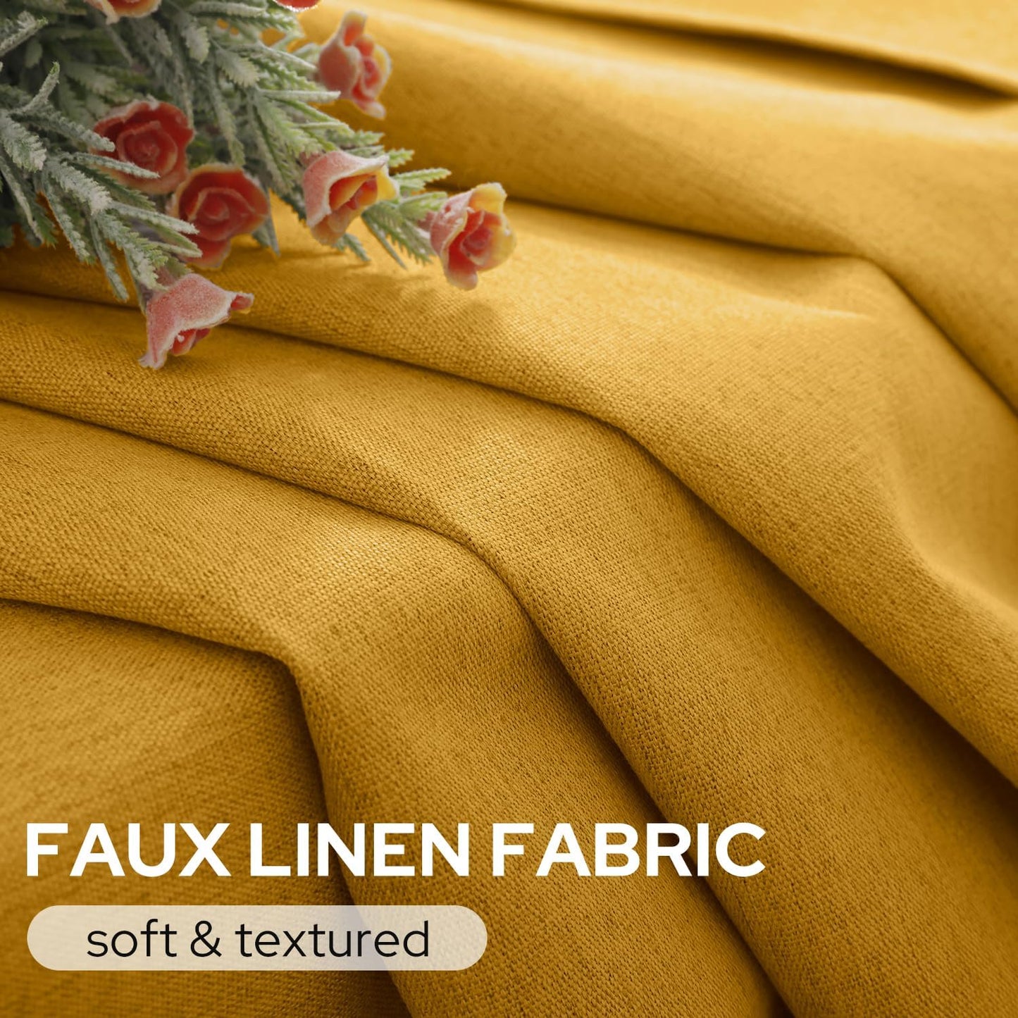 HOMEIDEAS Mustard Yellow 100% Blackout Curtains 2 Panels Linen Room Darkening Curtains 52 X 84 Inches Thermal Insulated Grommet Window Drapes with Liner for Living Room, Bedroom, Nursery