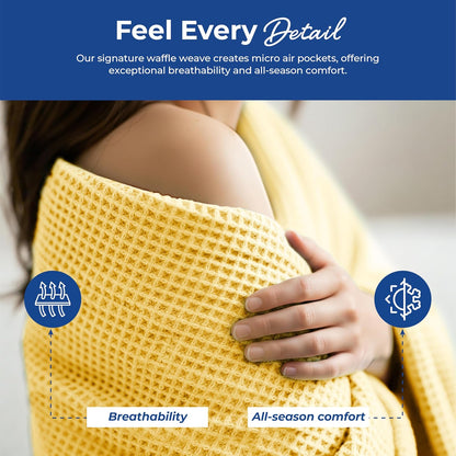 THREAD SPREAD 100% Cotton Waffle Blanket Queen Size - Soft Lightweight Breathable Waffle Weave Queen Blanket for All Season, Textured Throw Blankets for Bed, Sofa, Hotel, Hospital - Yellow
