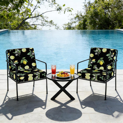 Yellow Lemon Summer Indoor/Outdoor Seat Cushions Cover, Farmhouse Tropical Fruit Black Waterproof Patio Chaise Lounge Cushion Cover for Beach Pool Side Chair Cushions 20''x18''x2pcs