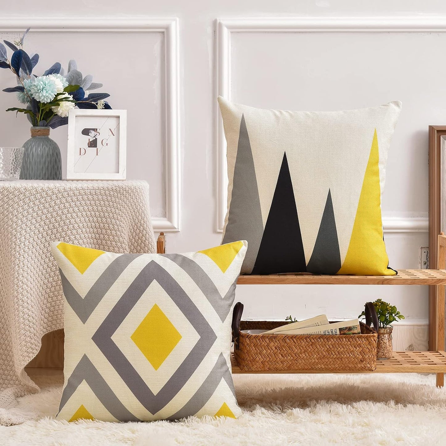 Tosewever Set of 4 Decorative Geometric Yellow Grey 18 x 18 Inches Throw Pillow Covers - Modern Pattern Linen Square Pillow Cushion Case for Sofa Couch Bed Home Decor Outdoor (18" x 18", Yellow/Gray)