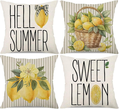 Spring Summer Pillow Covers 18x18 Set of 4 Grey Stripe Sweet Lemon Hello Summer Pillows Decorative Quote Throw Pillows Pillowcase Decorations Farmhouse Decor for Home Decor