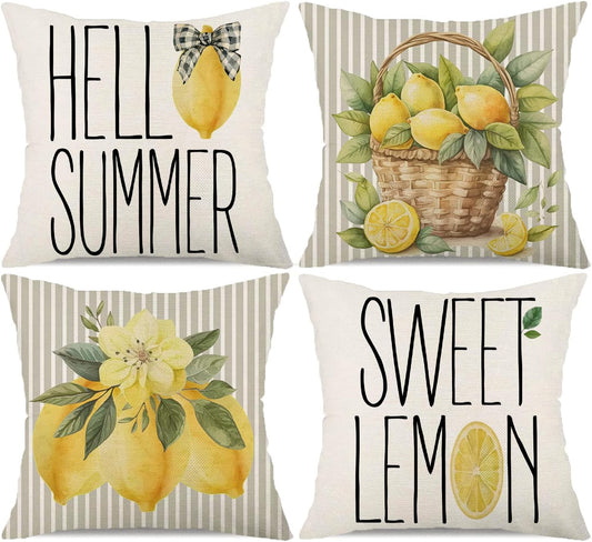 Spring Summer Pillow Covers 18x18 Set of 4 Grey Stripe Sweet Lemon Hello Summer Pillows Decorative Quote Throw Pillows Pillowcase Decorations Farmhouse Decor for Home Decor