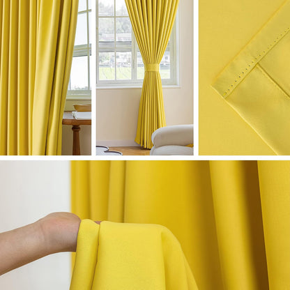 MUMFAS Yellow Pinch Pleat Curtain 72" W x 84" L Solid Thermal Insulated 90% Blackout Patio Door Curtain Panel Drape for Traverse Rod and Track with Tieback, (One Panel)