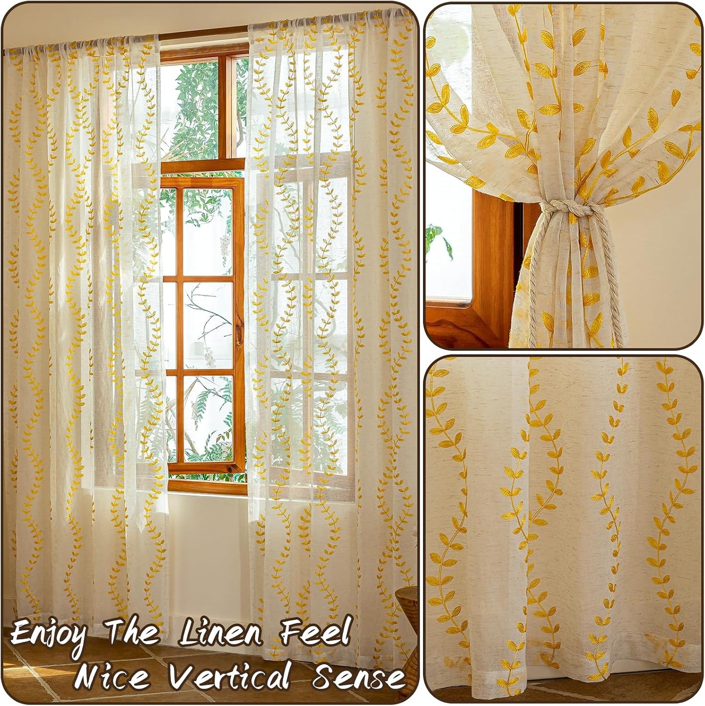 AmHoo 2 Panels Linen Leaf String Floral Embroidered Semi Sheer Curtain Farmhouse Voile Curtains for Living Room Bedroom Window Treatment Gold Yellow 52 x 84 Inch