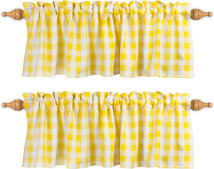 Aiking Home Window Valances - 2-Panels Picnic Checkered Pattern Kitchen Valances with 2.5-inch Rod Pocket for Small Windows, Polyester (56x14 inch, Yellow/White)