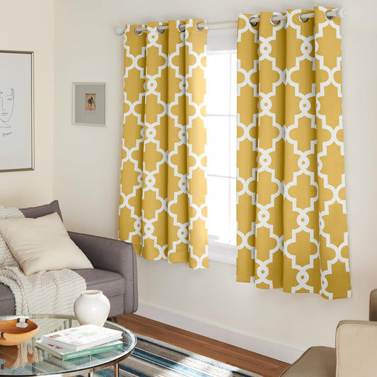 TOWN & COUNTRY EVERYDAY Ironwork Geo Trellis Sateen Indoor Curtains, Room Darkening Blackout, Grommet Top, Energy Efficient, 2-Pack Set, 52"x63", Sundress Yellow