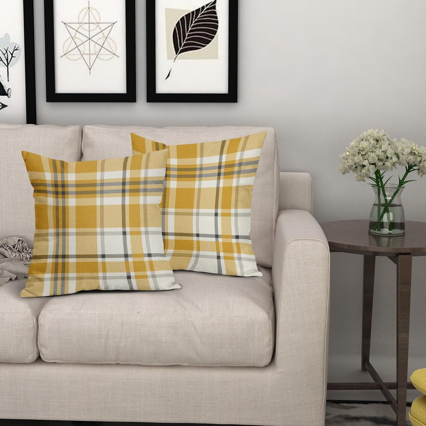 Yellow Buffalo Plaid Pillow Covers 18x18 Set of 2 Checkered Tartan Decorative Pillowcases Christmas Holiday Seasonal Outdoor Neutral Rustic Farmhouse Throw Cushion Case Decor for Couch Sofa Bed