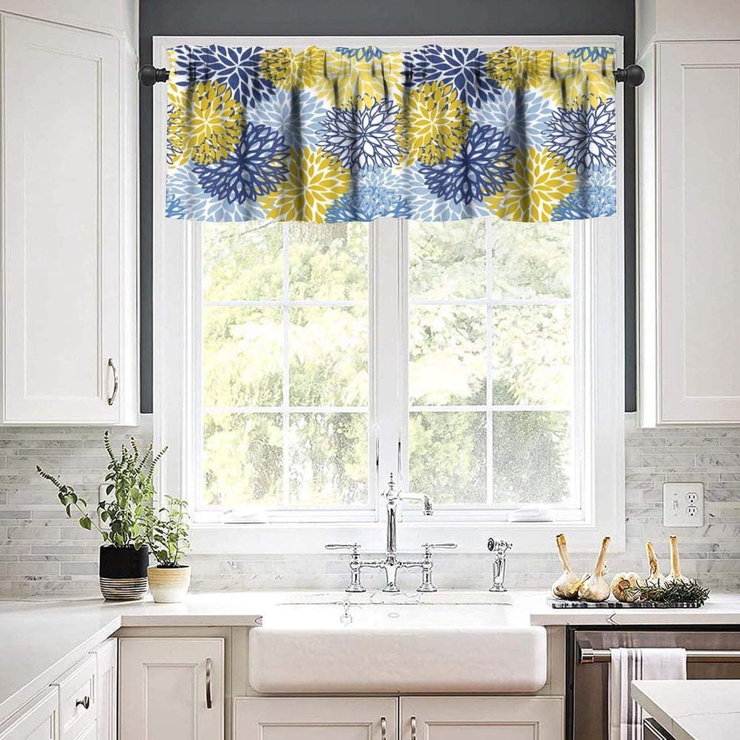 YCness Blue Yellow Floral Curtain Valances for Kitchen Window, Boho Dahlia Flowers Rod Pocket Valance Windows Treatments Farmhouse Short Toppers Curtains 54x18 Inch 1 Panel