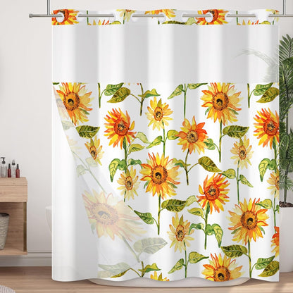 No Hook Shower Curtain with Snap in Liner Set Rustic Vintage Sunflower Bath Curtain Double Layers Waterproof Washable Fabric with See Through Mesh Top Window for Bathroom Hotel 71x74 Inch