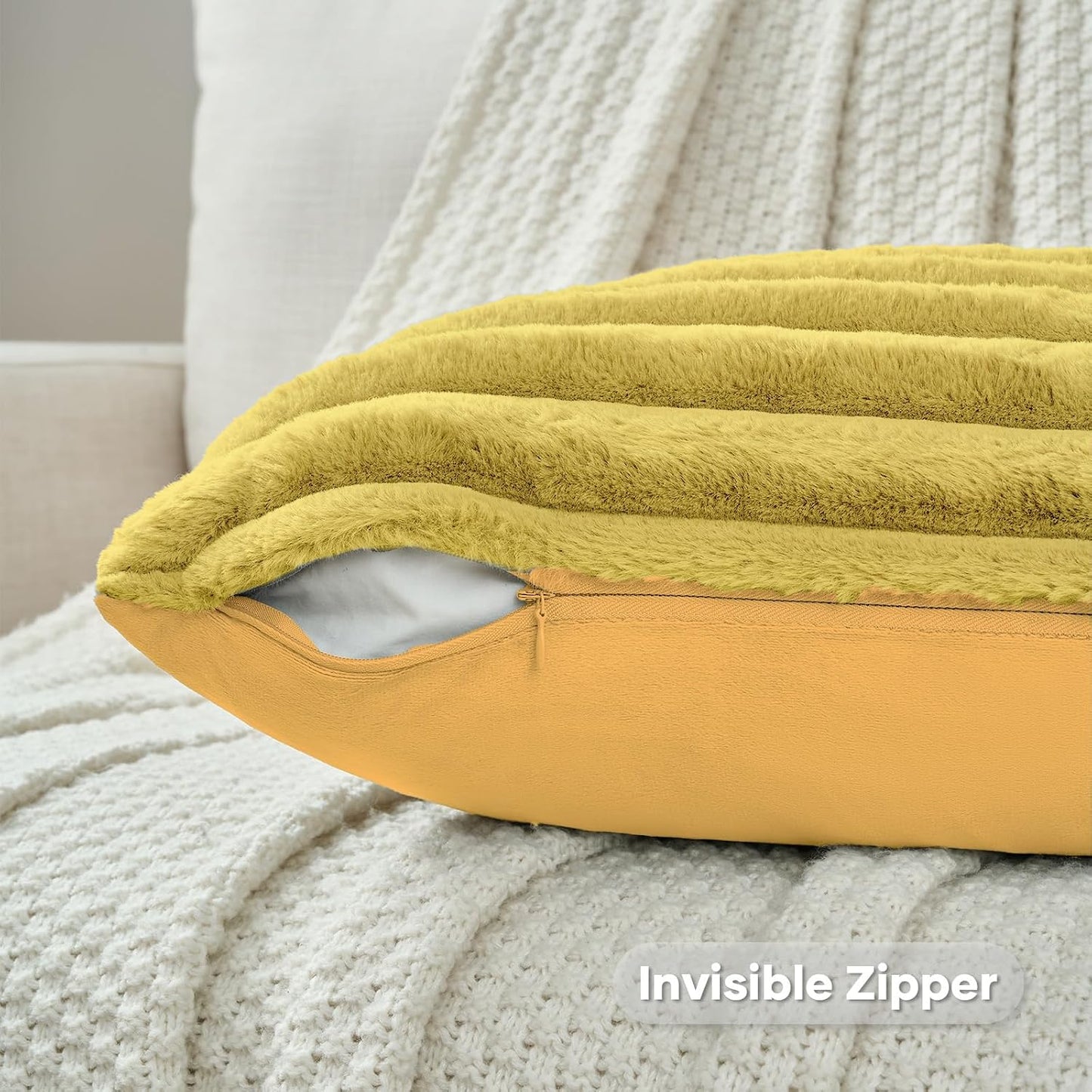 FUTEI Pack of 2 Fluffy Faux Fur Throw Pillow Covers 18x18 Inch Elegant Striped Textured Decorative Cushion Cases Modern Accent Pillow for Couch Bed Living Room, Mustard Yellow