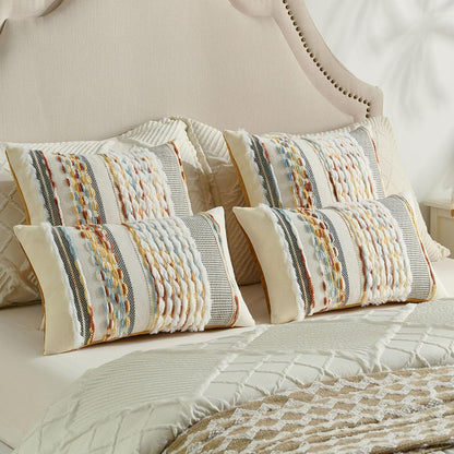 FUTEI Pack of 2 Boho Chenille Decorative Throw Pillow Covers 12x20 Inch Soft Plush Tufted Striped Textured Pillow Case,Farmhouse Accent for Couch Bed Living Room, Rust Blue Yellow