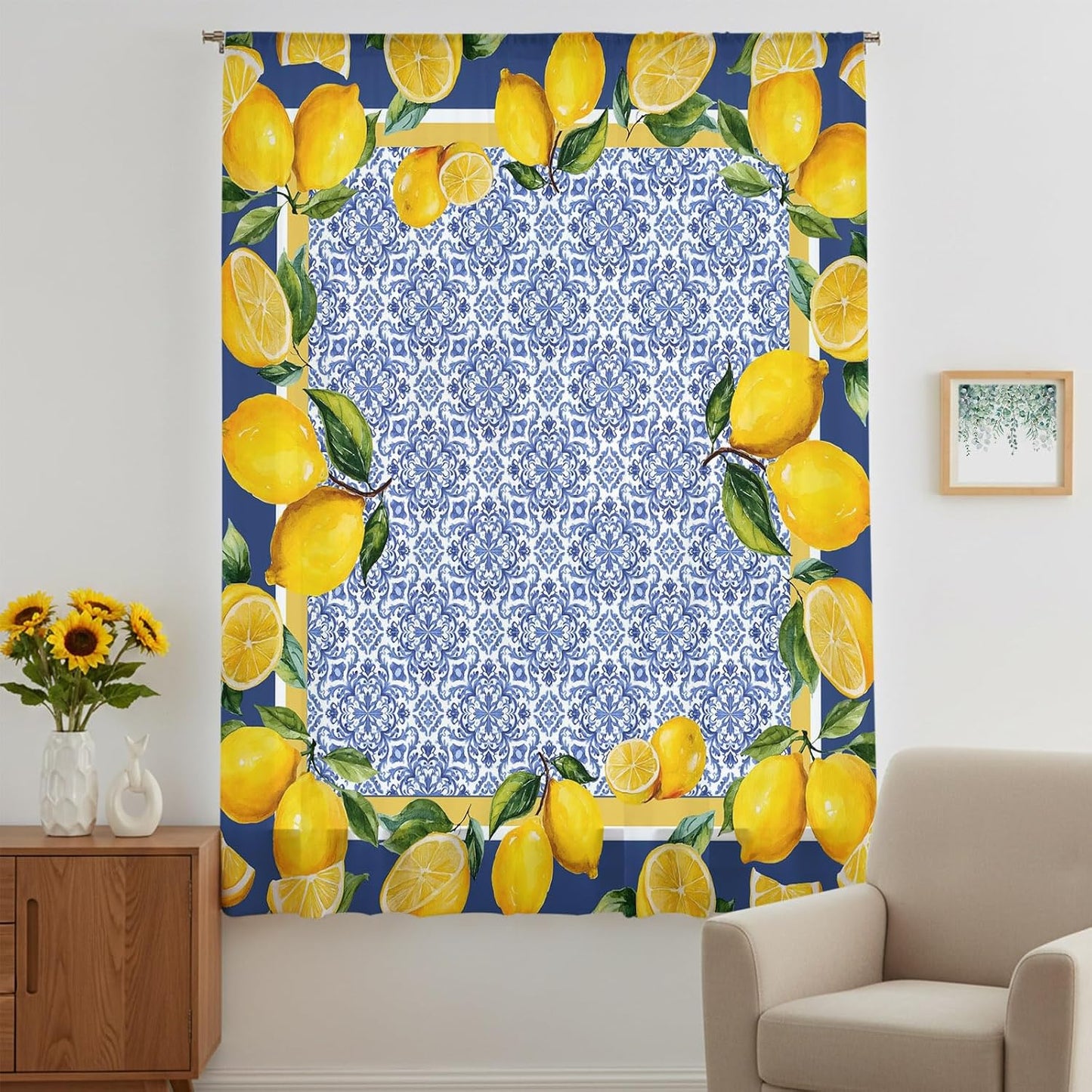 Sheer Curtains 45 Inches Long for Living Room/Bedroom, Blue Yellow Lemon Rod Pocket Voile Kitchen Curtains & Drapes Window Treatment 1 Panel, 52"W x 45"L Summer Country Fruits Italian Style