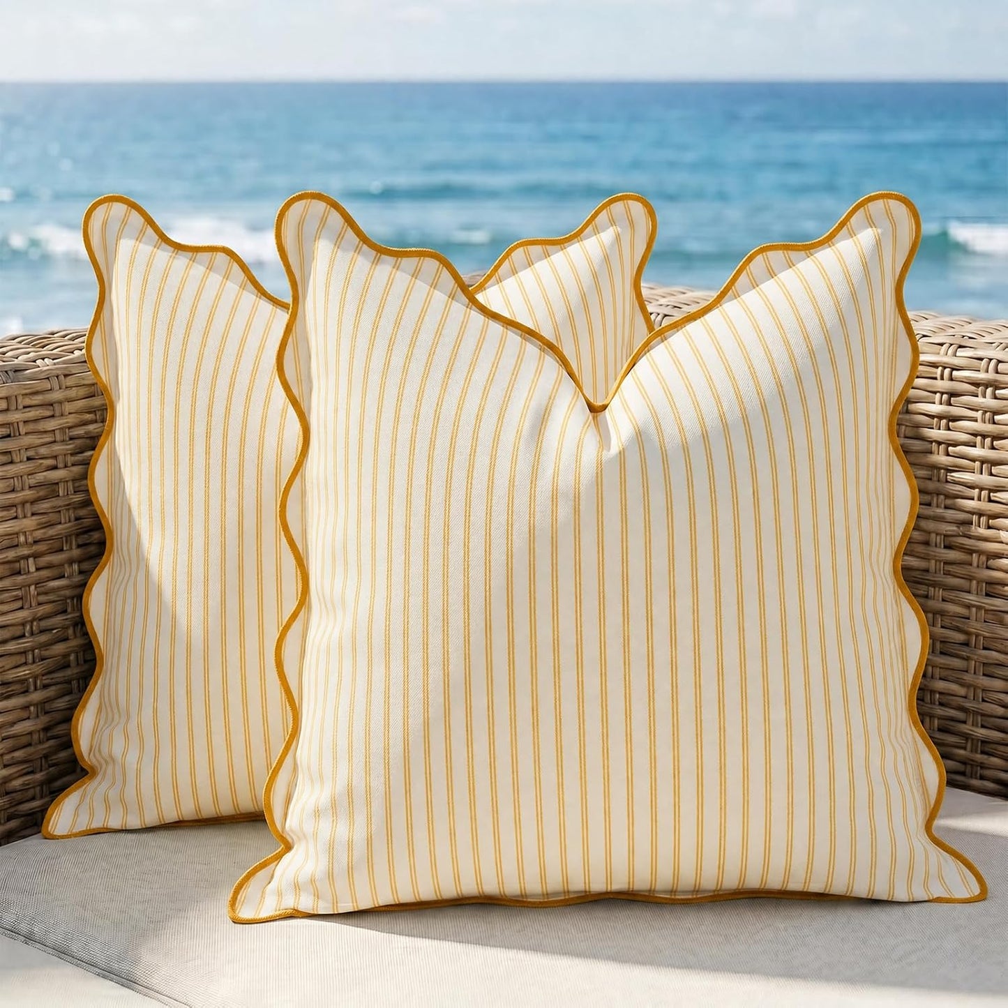 DEZENE 18x18 Yellow Outdoor Pillow Covers Pack of 2, Striped Scalloped Coastal Farmhouse Water Resistant Throw Pillow Cases Cushion Cover for Patio and Porch Decor