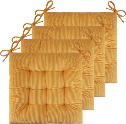 Set of 4 Chair Cushions for Dining Chairs 18" x 18" Corduroy Chair Seat Cushion for Office and Kitchen Chair Comfort Chair Cushion for Long Sitting (Yellow)