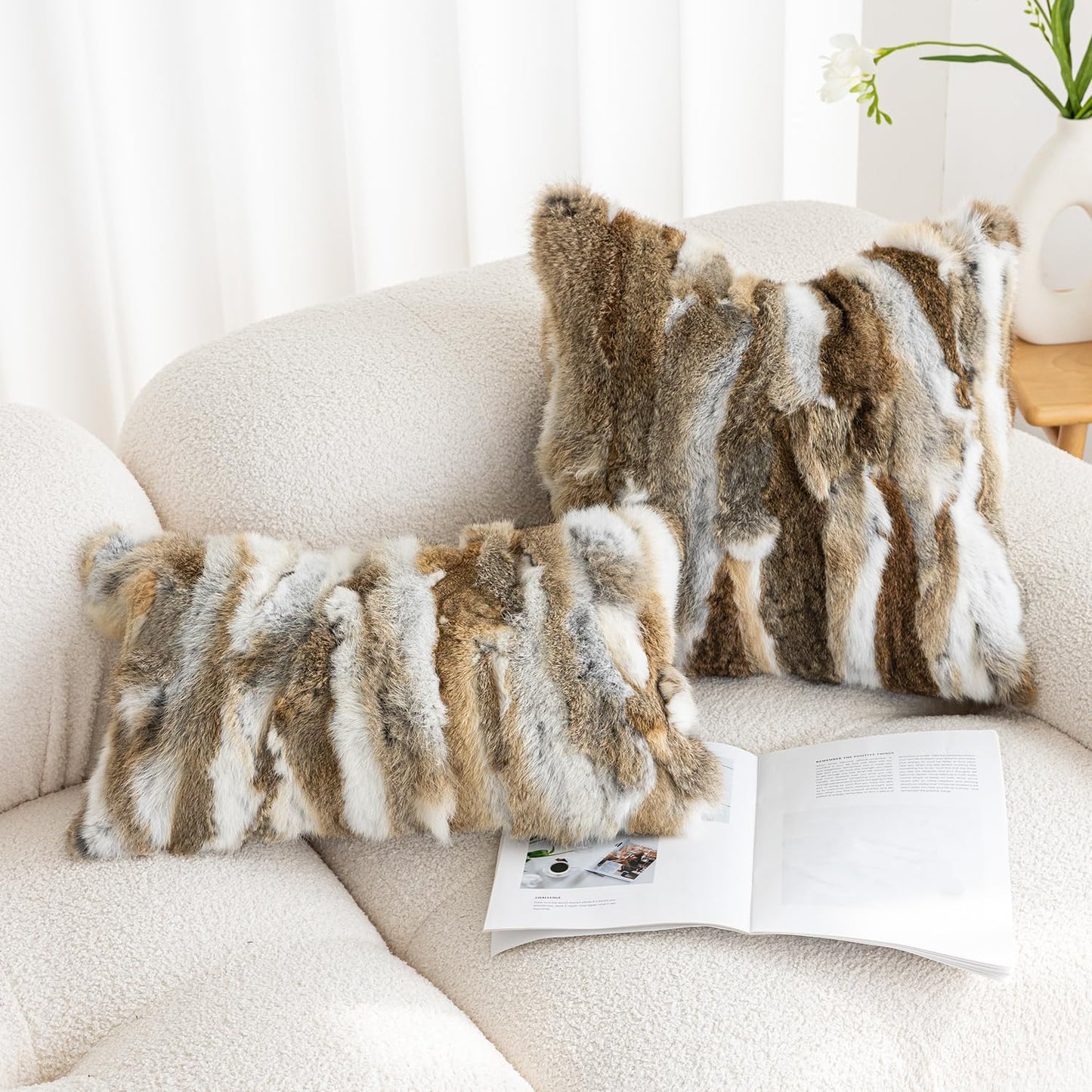 Genuine Rabbit Fur Pillow Covers Set of 2,Luxury Decorative Throw Pillowcases Fluffy Animal Skin Accents Bolster Cushion Cover for Couch Sofa Bedroom Living Room Home,12x20inch,Yellow