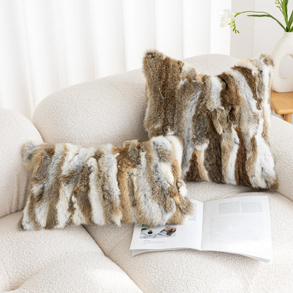 Genuine Rabbit Fur Pillow Covers Set of 2,Luxury Decorative Throw Pillowcases Fluffy Animal Skin Accents Bolster Cushion Cover for Couch Sofa Bedroom Living Room Home,12x20inch,Yellow