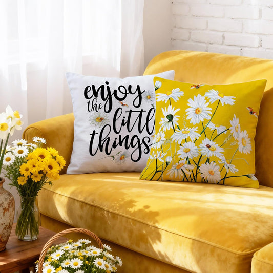 Hexagram Summer Throw Pillow Covers, Outdoor Daisy Decorative 18x18 Pillow Cover, Yellow Farmhouse Cushion Throw Pillows Covers for Couch Indoor Summer Home Decor(No Insert)
