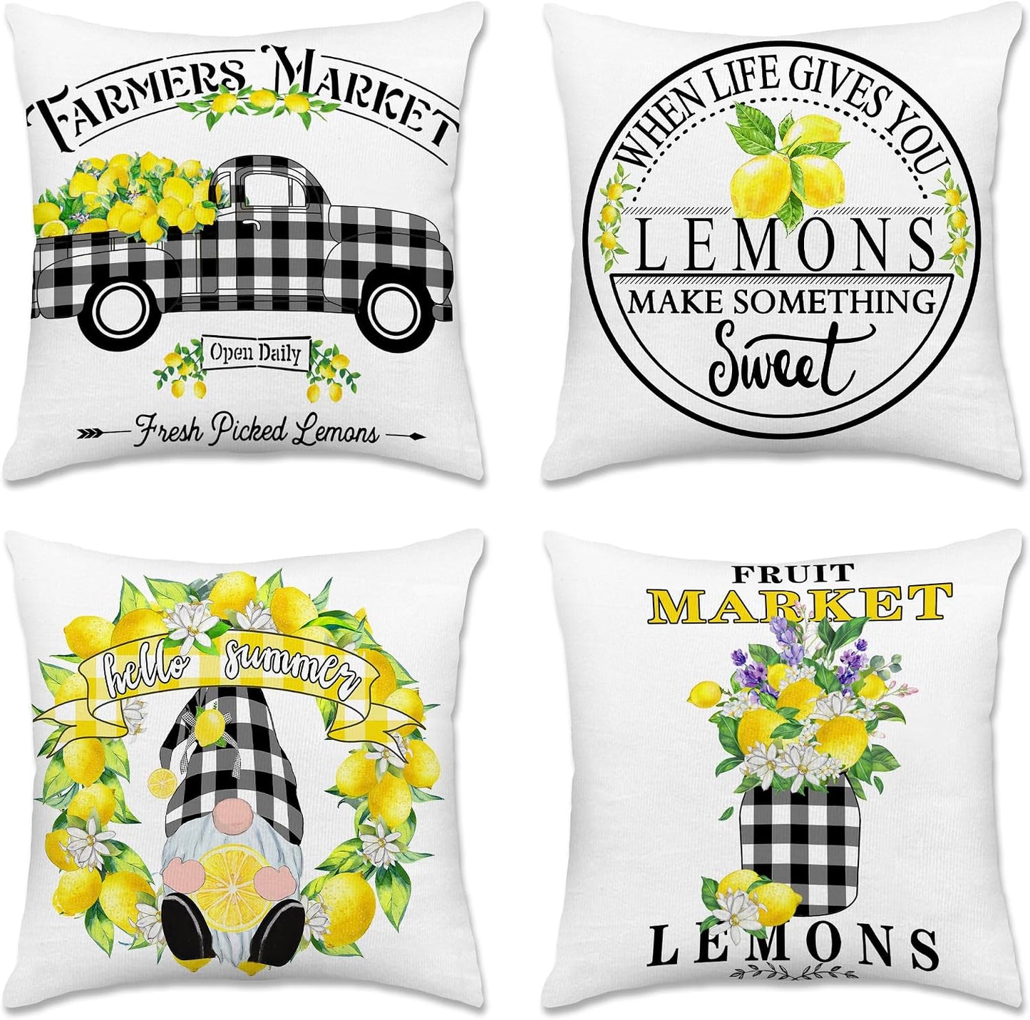 Hexagram Lemon Pillow Covers, Summer Buffalo Plaid 18x18 Pillow Cover | Lemmon, Farmhouse, Outdoor Decorative Buffalo Plaid, Cushion, Couch, Sofa, Living Room, Bedroom, Indoor Decor