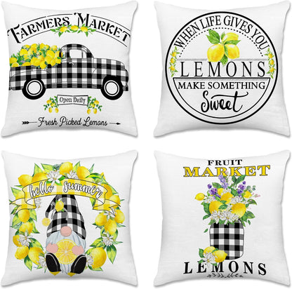 Hexagram Lemon Pillow Covers, Summer Buffalo Plaid 18x18 Pillow Cover | Lemmon, Farmhouse, Outdoor Decorative Buffalo Plaid, Cushion, Couch, Sofa, Living Room, Bedroom, Indoor Decor