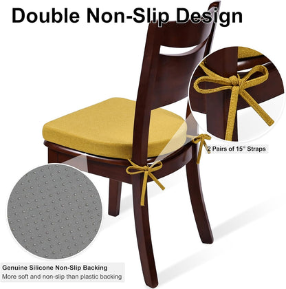 Shinnwa Kitchen Chair Cushions Set of 4, Non-Slip Dining Chair Cushions with Ties and Machine Washable Cover, 4 Pack, 17 x 16.5 x 2in, Yellow