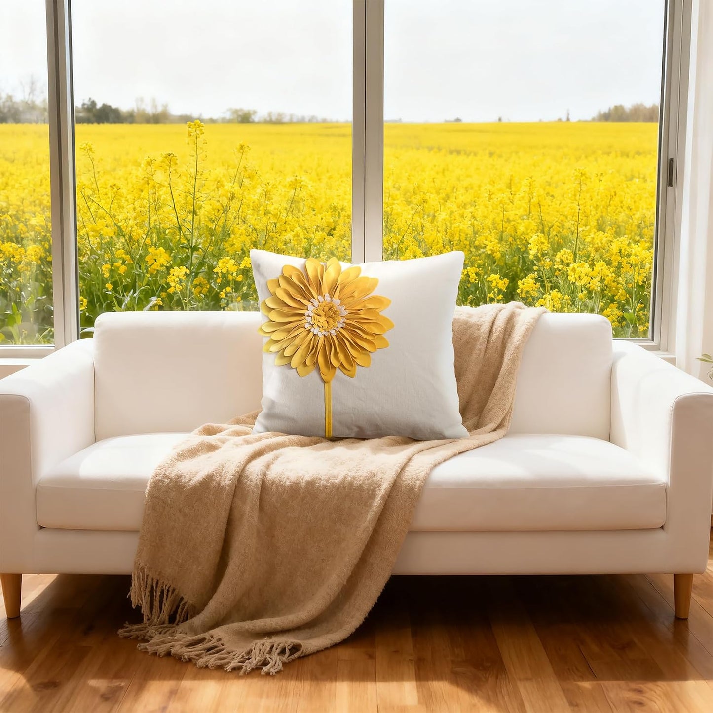JWH Decorative Flower Throw Pillow Cover 3D Sunflower Pillow Case Velvet Cushion Floral Pillowcase for Bed Living Room Couch Chair 18x18 Inches Yellow Creamy White