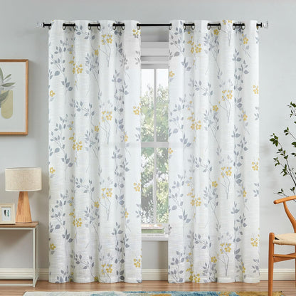 Beauoop Floral Linen Semi Sheer Curtains 84 Inches Long 2 Panels for Living Room Bedroom Yellow Grey Farmhouse Flower Patterned Light Filtering Textured Grommet Top Window Treatments Drapes, 50x84