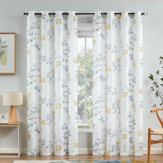 Beauoop Floral Linen Semi Sheer Curtains 84 Inches Long 2 Panels for Living Room Bedroom Yellow Grey Farmhouse Flower Patterned Light Filtering Textured Grommet Top Window Treatments Drapes, 50x84