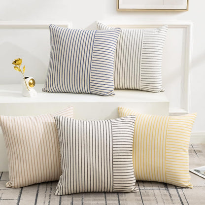 YCOLL Farmhouse Pillow Covers 18x18, Modern Accent Square Throw Pillow Covers Set of 2, Yellow and Beige Striped Patchwork Linen Decorative Pillows Cushion Covers for Couch Chair Bedroom Home Decor