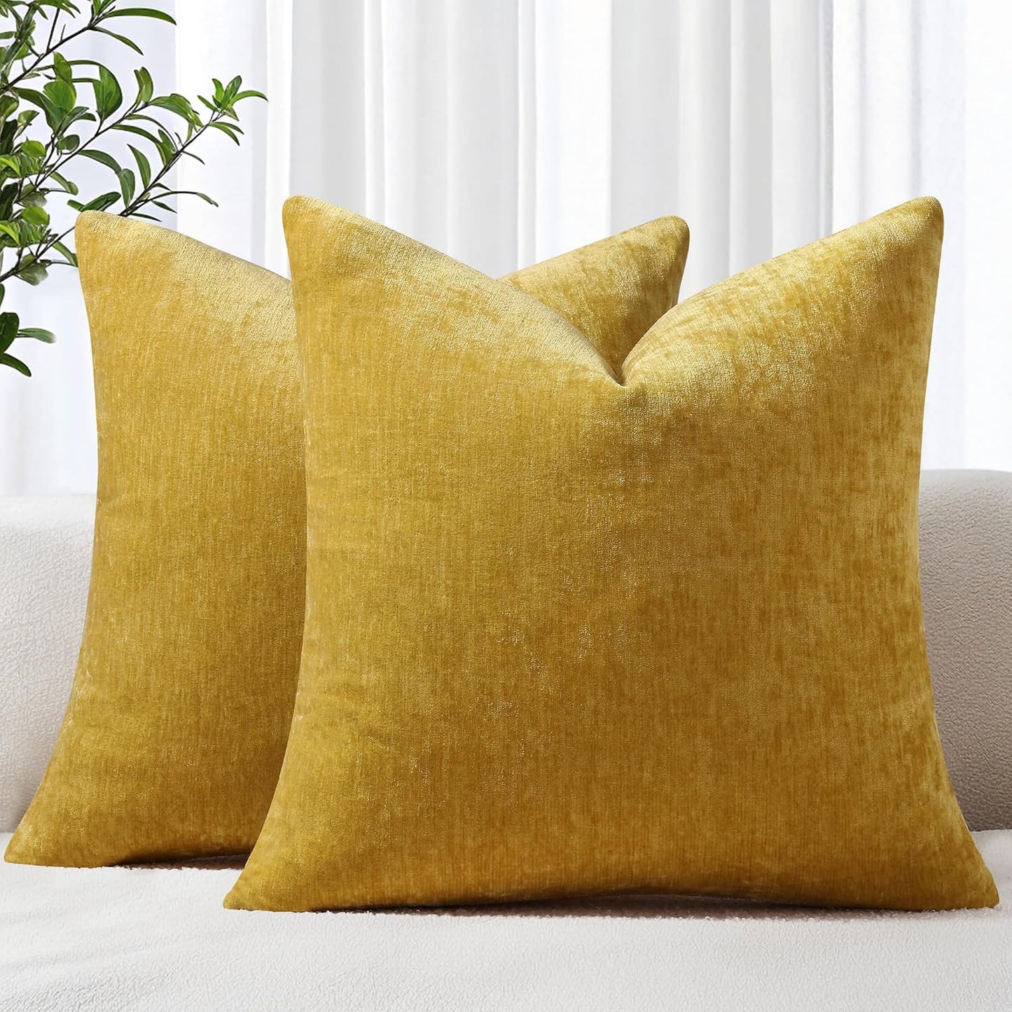 decorUhome Fall Chenille Mineral Yellow Throw Pillow Covers 18x18 Inch Set of 2, Decorative Soft Couch Pillow Covers Solid Dyed Accent Farmhouse Neutral Square Pillow Cases for Sofa