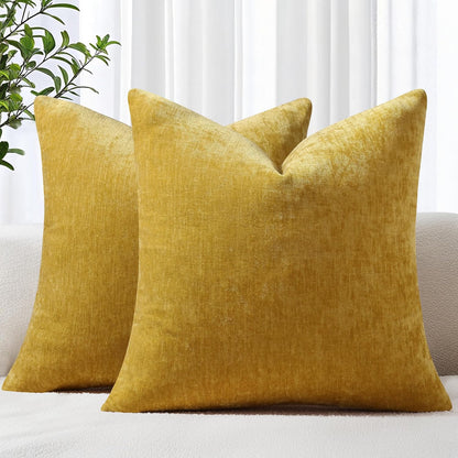 decorUhome Fall Chenille Mineral Yellow Throw Pillow Covers 18x18 Inch Set of 2, Decorative Soft Couch Pillow Covers Solid Dyed Accent Farmhouse Neutral Square Pillow Cases for Sofa