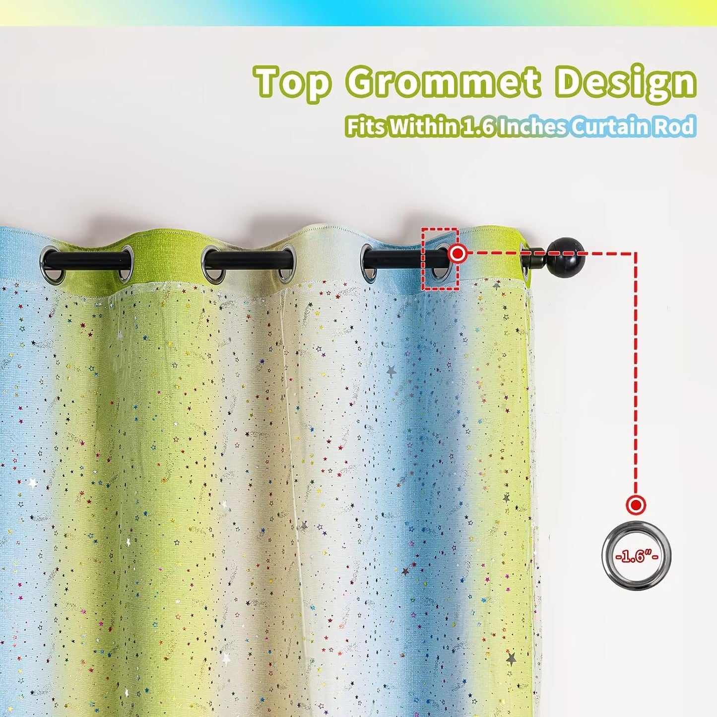 52x63 2-in-1 Double-Layer Kids & Girls Unicorn Princess Ombre Blackout Curtains with Foil Print Sheer, 2 Panels Set - Green Yellow Blue