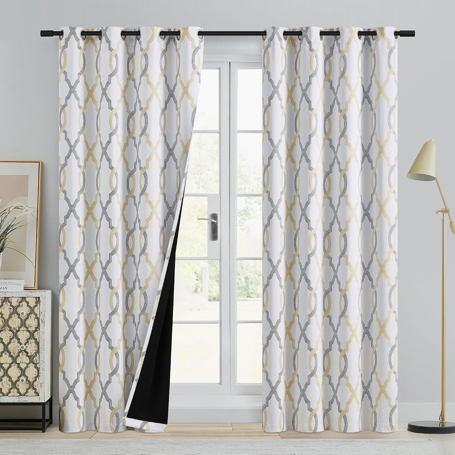 100% Blackout Curtains 84 Inches Long for Bedroom, Yellow Grey on White Moroccan Geometric Patterned Window Curtain for Living Room, Farmhouse Thermal Insulated Drapes Grommet Top 2 Panels