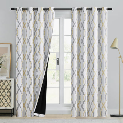 100% Blackout Curtains 84 Inches Long for Bedroom, Yellow Grey on White Moroccan Geometric Patterned Window Curtain for Living Room, Farmhouse Thermal Insulated Drapes Grommet Top 2 Panels