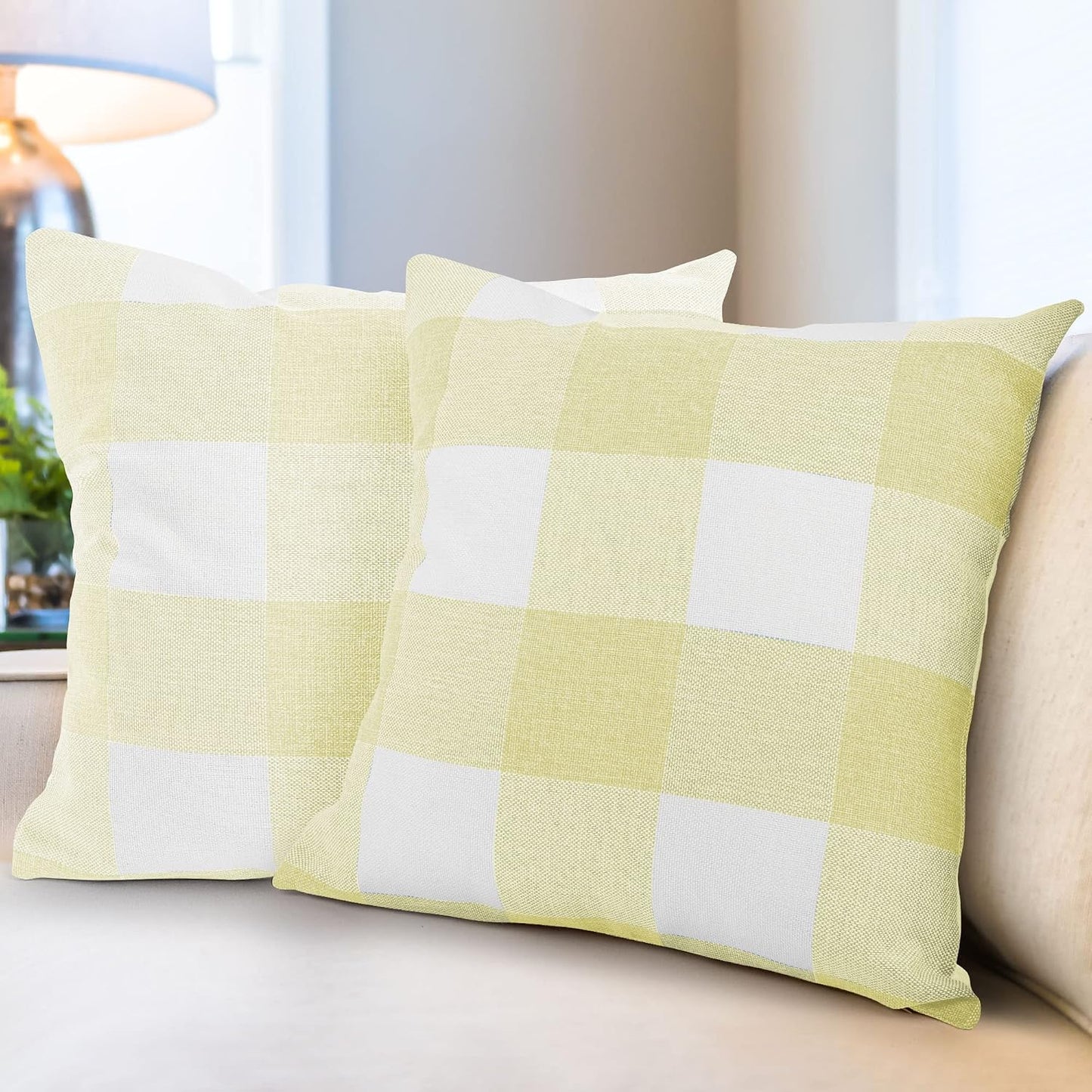 Zulay Home Pack of 2 Buffalo Plaid Throw Pillow Covers - Farmhouse Porch Pillows Outdoor & Indoor Covers - Polyester Buffalo Plaid Pillow Covers (20x20 Inch, Yellow & White)