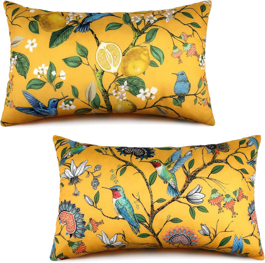 2 Pcs William Morris Pillow Covers 12 x 20 Rustic Lemon Lumbar Pillow Case Vintage Hummingbird Decorative Throw Cushion Case for Bedroom Sofa Couch Living Room Decoration
