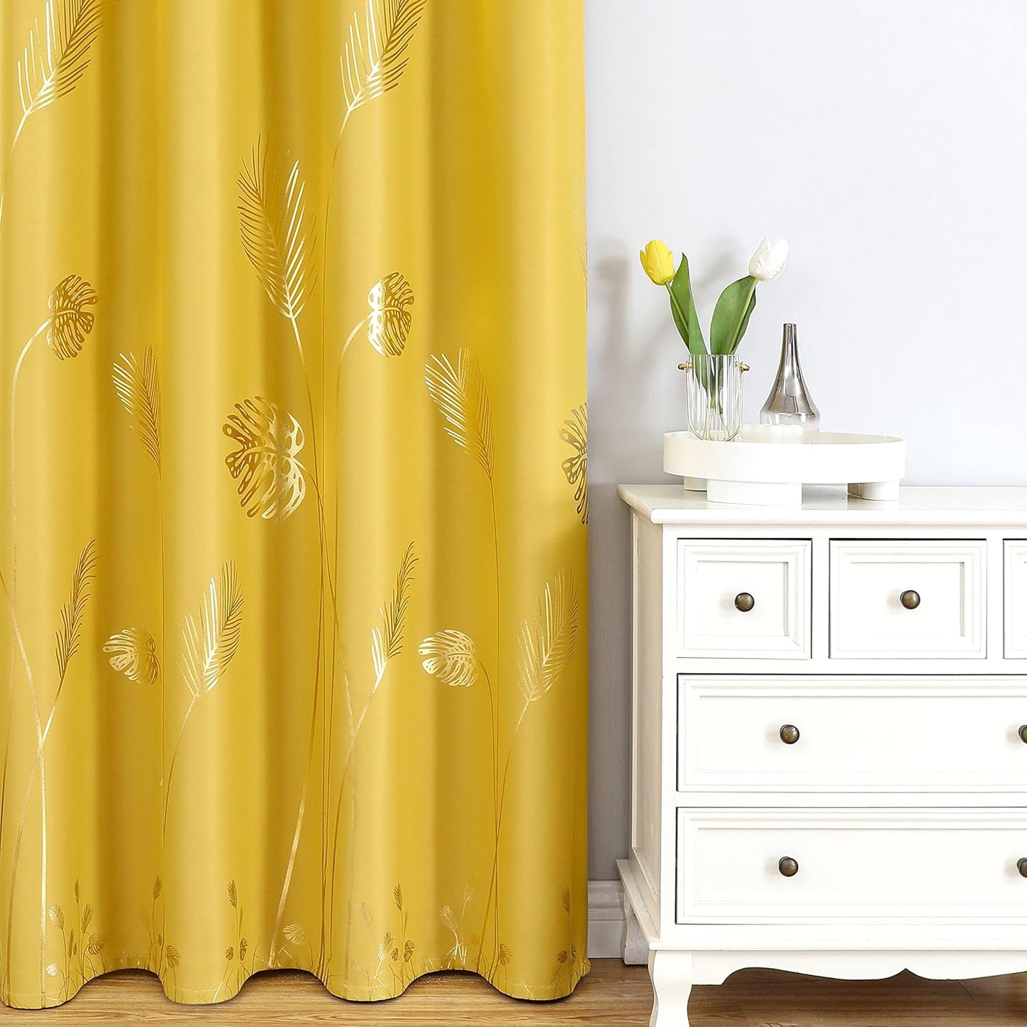 Estelar Textiler Yellow Blackout Curtains for Bedroom, Room Darkening Gold Palm Tree Pattern Curtains 84 Inches Long, Light Blocking Thermal Insulated Window Drapes for Living Room, 52Wx84L, 2 Panels