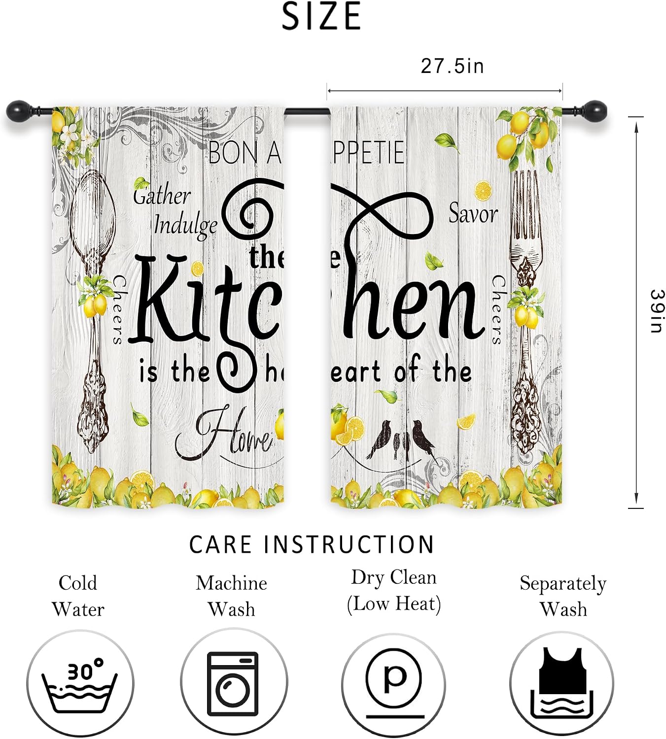 Riyidecor Lemon Kitchen Curtains Short Small Rustic Farmhouse Yellow Fruit Country Wooden Barn Plant Fork and Spoon Botanical Rod Pocket Bedroom Living Room Treatment Fabric 2 Panels 27.5Wx39H Inch
