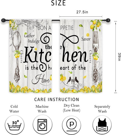 Riyidecor Lemon Kitchen Curtains Short Small Rustic Farmhouse Yellow Fruit Country Wooden Barn Plant Fork and Spoon Botanical Rod Pocket Bedroom Living Room Treatment Fabric 2 Panels 27.5Wx39H Inch