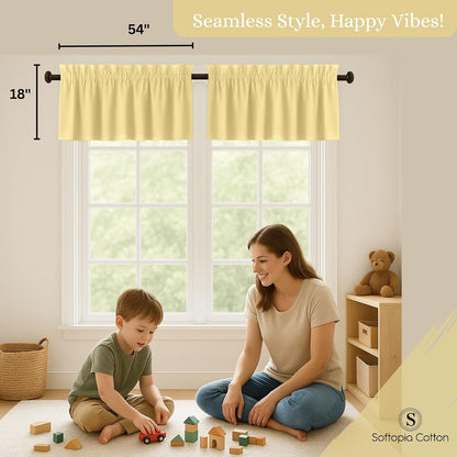 Pale Yellow Valance Curtains 2 Pack, 54x18 Inches, 100% Cotton, Rod Pocket Window Valances, Semi Sheer Short Curtain for Kitchen, Farmhouse, Café, Bedroom, Bathroom, Living Room Décor