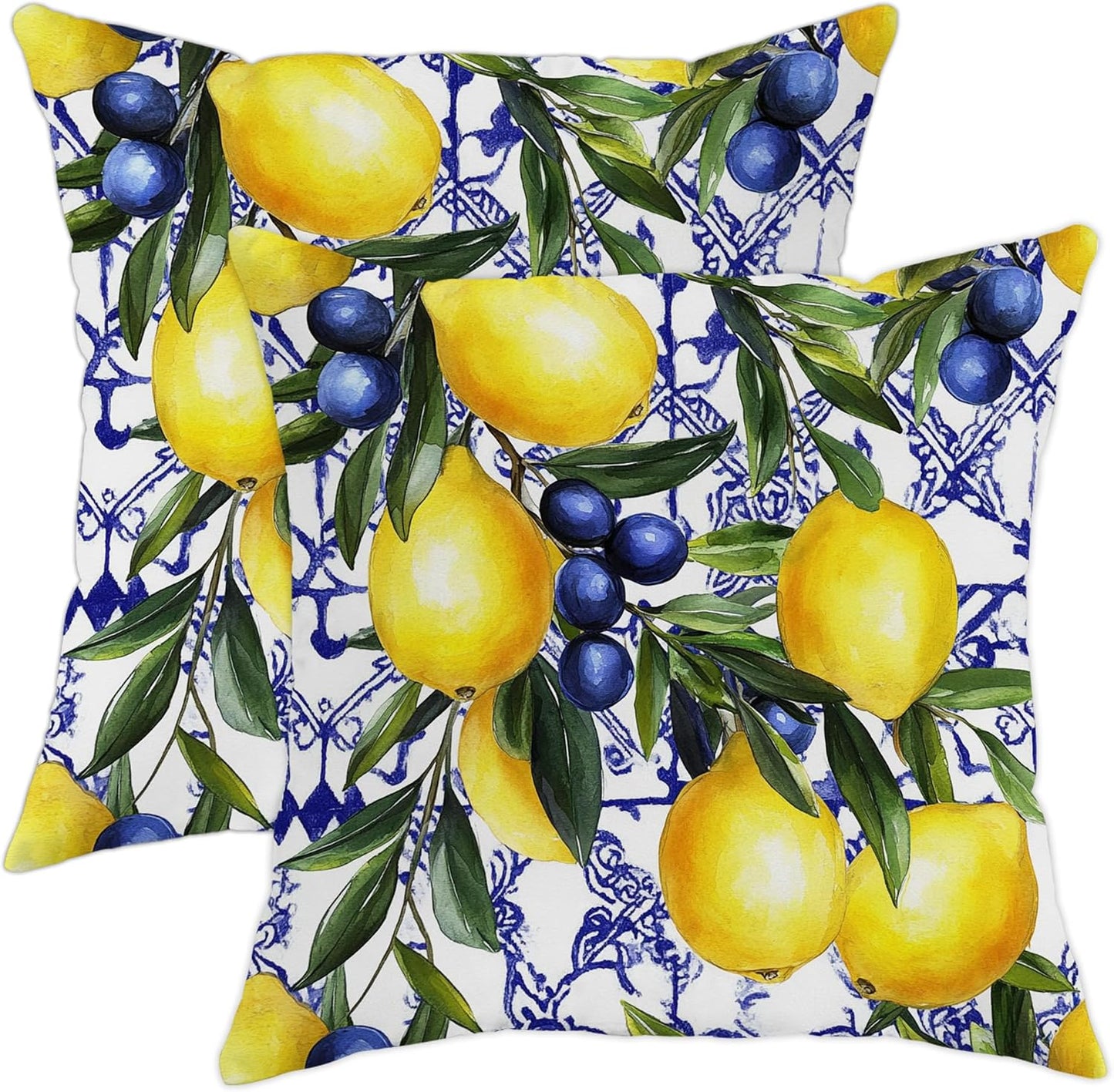 Lemon and Blueberry Throw Pillow Covers Set of 2, Bright Yellow and Blue Floral Cushions, Summer Decorative Square Farmhouse Decor for Home Couch Sofa Bed 16x16 Inch